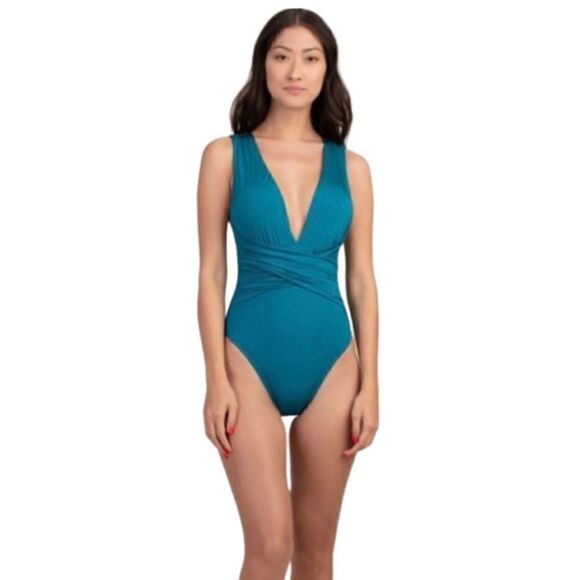 Trina Turk One piece  Front Wrap Slimming turquoise swimsuit Size 6 , NWT - Picture 1 of 12